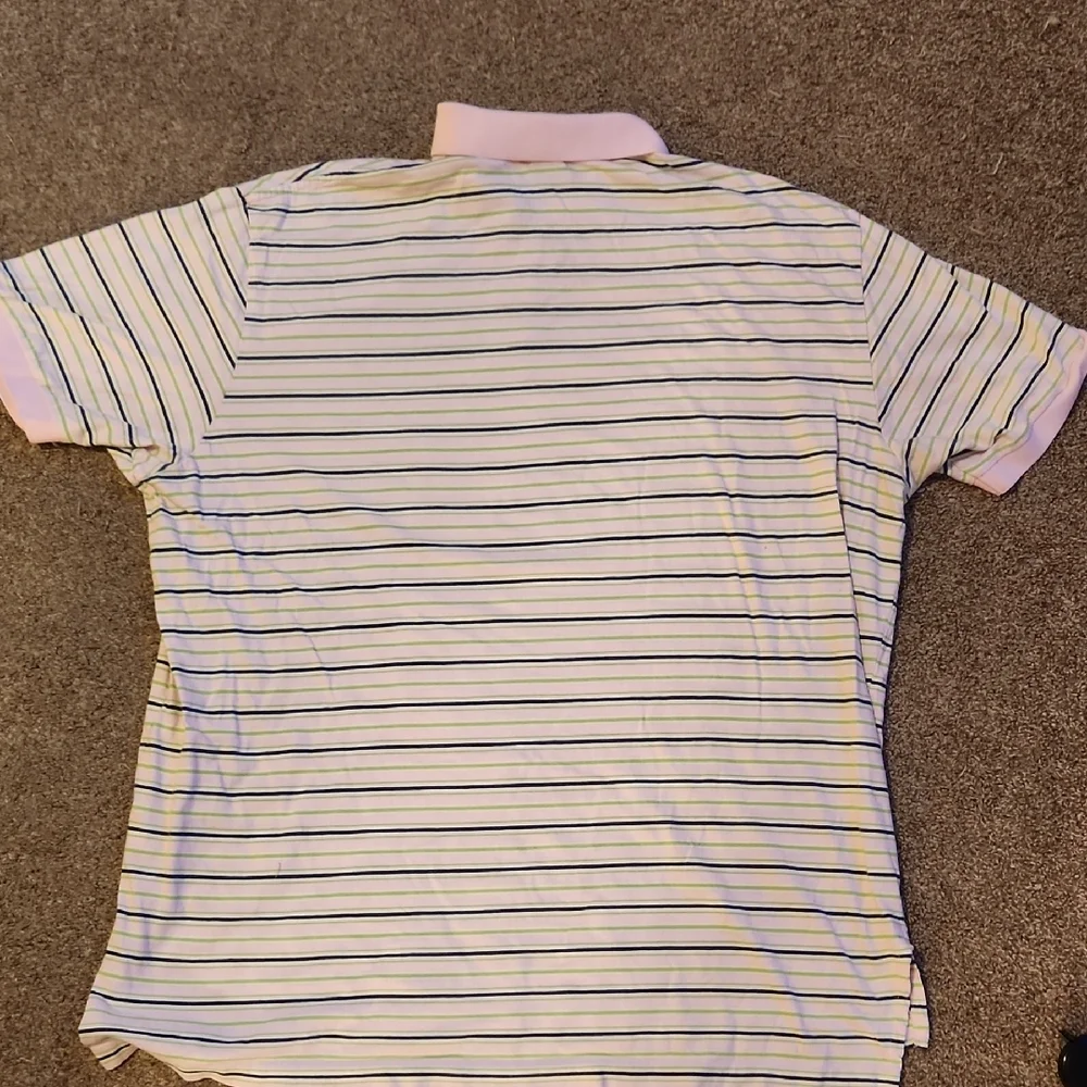 Ralph Lauren Polo Shirt - White with Blue, Green and Pink Stripes